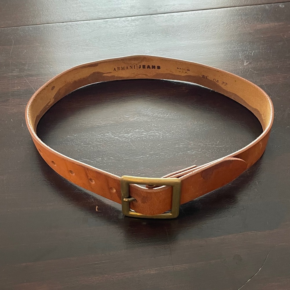 Armani Jeans Tan Leather Belt Made in USA Brass Buckle Size XS BE 04 22